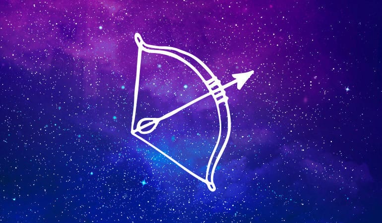射手座射手在紫色和蓝色的星空背景象征