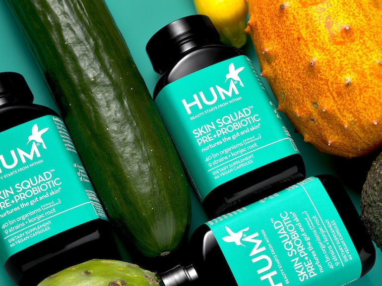 HUM Skin Squad Pre和益生菌清洁皮肤，其次是黄瓜和其他原料