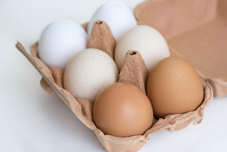 白色，棕色和棕色的鸡蛋装在纸盒里